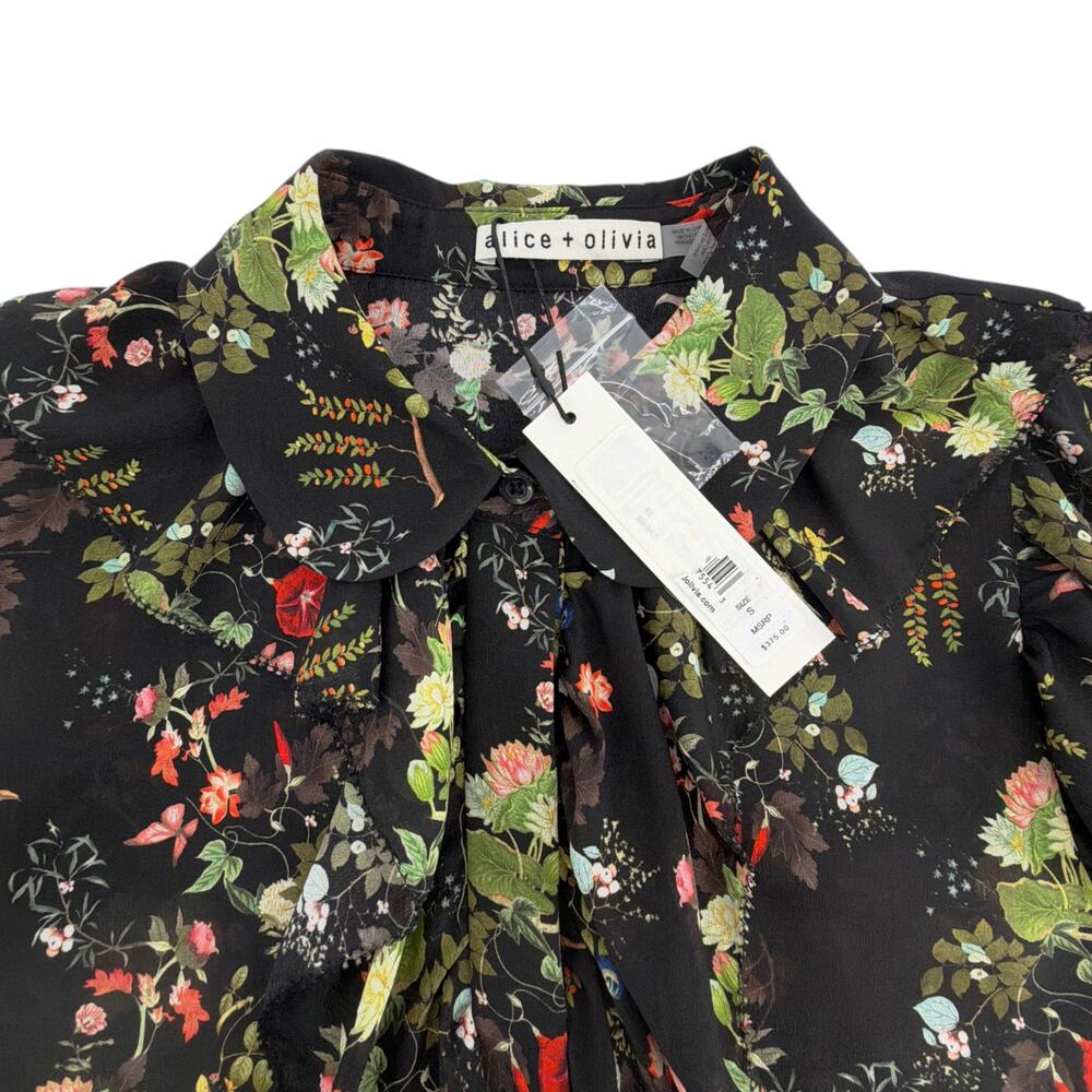 ALICE+OLIVIA Floral Ruffle Blouse in Blush Kiss Black S - Picture 4 of 9